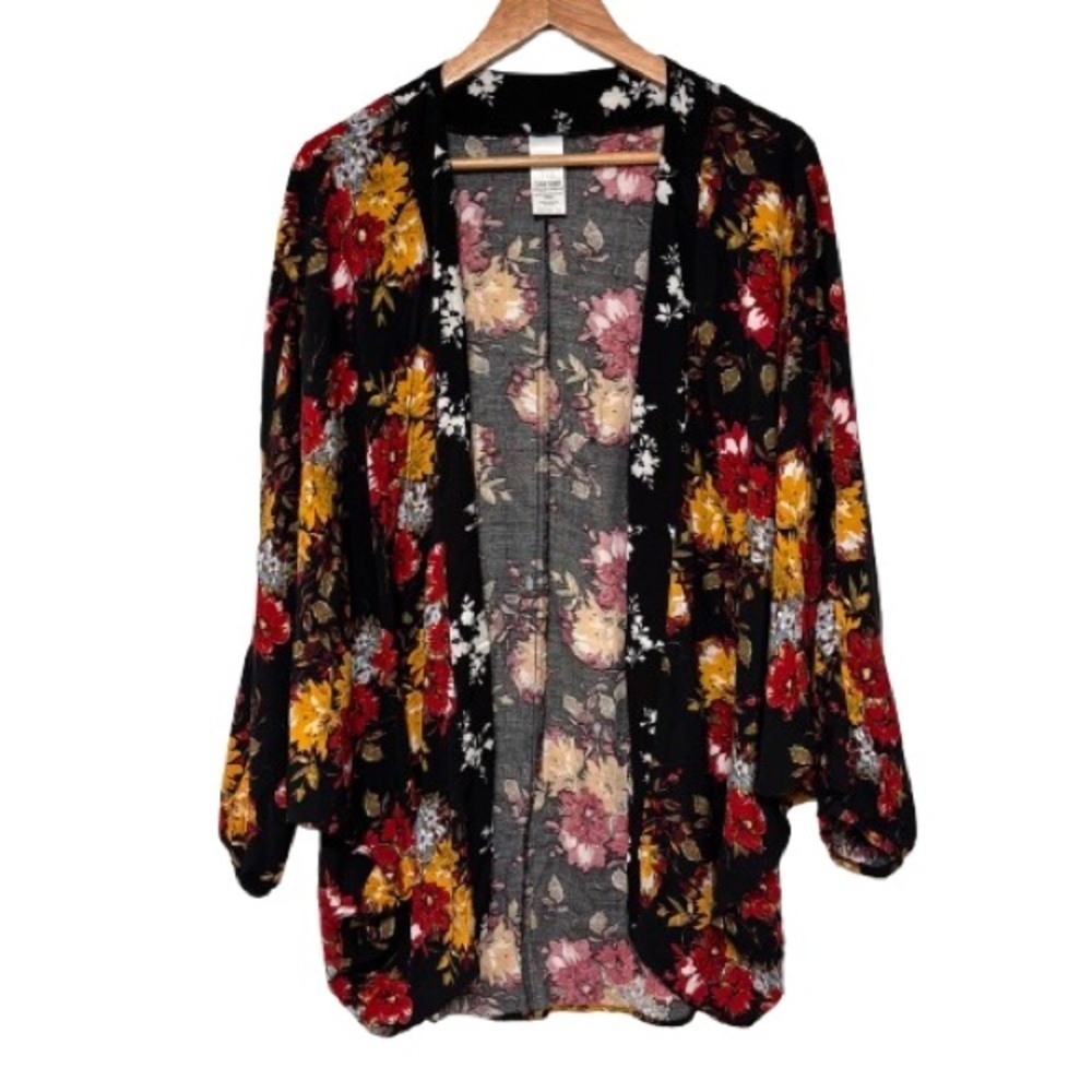 Time and Tru Fall Floral Print Dolman Sleeve Open Front Kimono Rayon Size OS